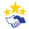 NaturFreunde-Handschlag in blau, statt der Alpenrosen sind die Sterne der EU-Flagge über den Händen.